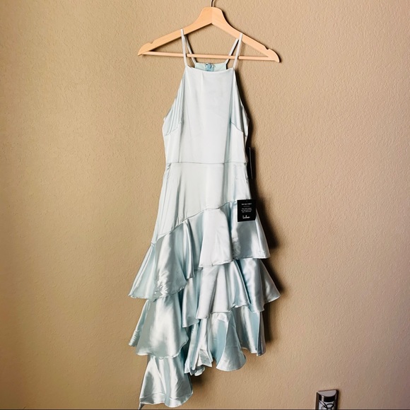 Lulu’s Blue Satin Tiered Asymmetrical Midi Dress - Picture 4 of 13